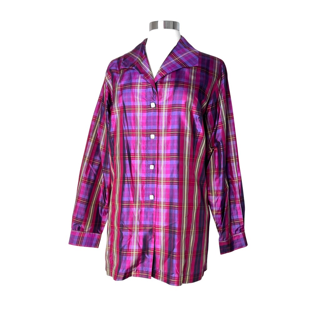 Womens‎ 1X Plaid 100% Silk Button Front Work Office Career Shirt Top NEW